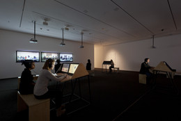 Andrea Geyer, Sharon Hayes, Ashley Hunt, Katya Sander, David Thorne. 9 Scripts from a Nation at War. 2007. Ten-channel video installation (color, sound). The Museum of Modern Art, New York. Committee on Media and Performance Art Funds. © 2012 the artists. Photograph by Jonathan Muzikar