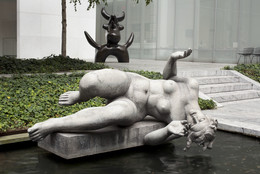 Shown, from back: Joan Miró. Moonbird. 1966. Bronze, 7&#39; 6&#34; x 6&#39; 6&#34; x 57&#34; (228.5 x 198.2 x 144.9 cm). Nina and Gordon Bunshaft Bequest. © 2012 Successió Miró/Artists Rights Society (ARS), New York/ADAGP, Paris; Aristide Maillol. The River. Begun 1938–39; completed 1943 (cast 1948). Lead, 53 3/4&#34; x 7&#39; 6&#34; x 66&#34; (136.5 x 228.6 x 167.7 cm), on lead base designed by the artist 9 3/4 x 67 x 27 3/4&#34; (24.8 x 170.1 x 70.4 cm). Printer: Alexis Rudier. Mrs. Simon Guggenheim Fund. © 2012 Artists Rights Society (ARS), New York/ADAGP, Paris