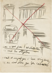 Le Corbusier (Charles-Édouard Jeanneret ). “Ceci n’est pas l’architecture” drawing from Buenos Aires Lecture. 1929. Charcoal and crayon on paper, 39¾ × 25 9/16″ (101 × 65 cm). Gift of Agnes Gund in honor of Patricia Phelps de Cisneros