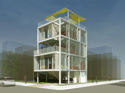 Kieran Timberlake Architects. Cellophane House (Exterior). 2008. Aluminum frame, custom steel connectors, polycarbonate floors and interior walls, acrylic stair, aluminum curtain wall and e2 glazing, glazing, translucent roof, metal grating for walkways and balconies, GRP Bathroom Pods, bathroom fixtures, plumbing trim and accessories, Next Gen SmartWrap™ (PET, Photovoltaics, Infrared blocking film), aluminum angles, LED lighting, kitchen casework, appliances, louvers and fans, epoxy paint, and nuts and bolts. Commissioned by the Museum of Modern Art on the occasion of the exhibition &#34;Home Delivery: Fabricating the Modern Dwelling&#34; This project supported in part by Kullman Buildings Corp., CVM Engineers, Arup Lighting, Schüco USA, Philips Solid-State Lighting Solutions, 3form, DuPont Teijin Films, PowerFilm, Valcucine, 3M Window FilmsTM-Prestige Series, Miele, Duravit, AF New York, Universal Services Associates, Inc., Capital Plastics Company, Craftweld Fabrication Company Inc., A&amp;B / McKeon Glass, Inc., Czarnowski, Bosch Rexroth, distributed by Airline Hydraulics Corporation, Total Plastics, Inc., Maspeth Welding, Inc., Burgess Steel, JE Berkowitz, LP and Oldcastle, CPI Daylighting, Inc., Greenheck, distributed by Del Ren Associates, ICI Paints, and Burnett Products Company, Inc.
