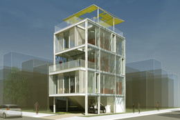 Kieran Timberlake Architects. Cellophane House (Exterior). 2008. Aluminum frame, custom steel connectors, polycarbonate floors and interior walls, acrylic stair, aluminum curtain wall and e2 glazing, glazing, translucent roof, metal grating for walkways and balconies, GRP Bathroom Pods, bathroom fixtures, plumbing trim and accessories, Next Gen SmartWrap™ (PET, Photovoltaics, Infrared blocking film), aluminum angles, LED lighting, kitchen casework, appliances, louvers and fans, epoxy paint, and nuts and bolts. Commissioned by the Museum of Modern Art on the occasion of the exhibition &#34;Home Delivery: Fabricating the Modern Dwelling&#34; This project supported in part by Kullman Buildings Corp., CVM Engineers, Arup Lighting, Schüco USA, Philips Solid-State Lighting Solutions, 3form, DuPont Teijin Films, PowerFilm, Valcucine, 3M Window FilmsTM-Prestige Series, Miele, Duravit, AF New York, Universal Services Associates, Inc., Capital Plastics Company, Craftweld Fabrication Company Inc., A&amp;B / McKeon Glass, Inc., Czarnowski, Bosch Rexroth, distributed by Airline Hydraulics Corporation, Total Plastics, Inc., Maspeth Welding, Inc., Burgess Steel, JE Berkowitz, LP and Oldcastle, CPI Daylighting, Inc., Greenheck, distributed by Del Ren Associates, ICI Paints, and Burnett Products Company, Inc.