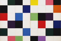 Ellsworth Kelly. Colors for a Large Wall. (1951). Oil on canvas. Sixty-four wood panels, overall: 7′ 10 1/2″ × 7′ 10 1/2″ (240 × 240 cm). The Museum of Modern Art, New York. Gift of the artist © 2008 Ellsworth Kelly