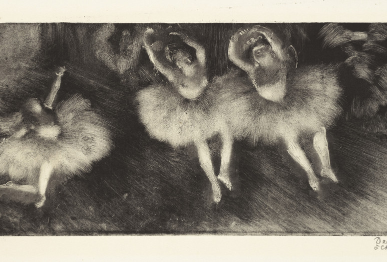 Hilaire‑Germain‑Edgar Degas (French, 1834–1917). Three Ballet Dancers (Trois danseuses). c. 1878–80. Monotype on cream laid paper, plate: 7 13/16 × 16 3/8″ (19.9 × 41.6 cm). Sterling and Francine Clark Art Institute, Williamstown, Massachusetts, 1955.1386