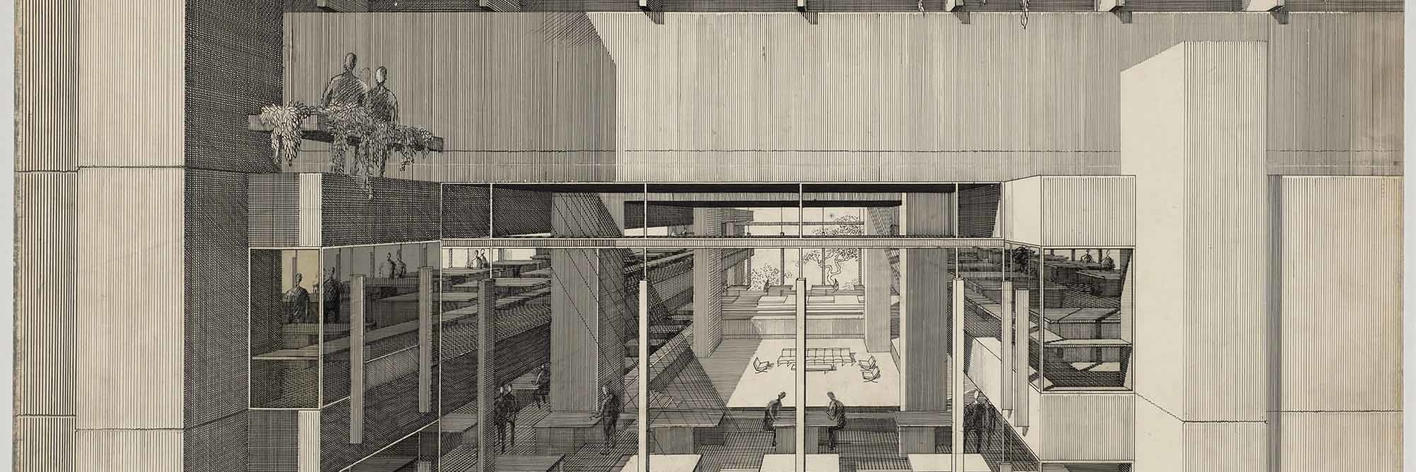 Paul Rudolph. Art and Architecture Building, Yale University, New Haven, Connecticut (partial exterior perspective). 1958. Ink on board, 30 x 40&#34; (72.6 x 101.6 cm). The Museum of Modern Art. Gift of the architect