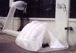 Michael Rakowitz. paraSITE homeless shelter. 1997. Polyethylene, 42&#34; x 36&#34; x 11&#39; (107 x 91.5 x 335 cm). The Museum of Modern Art, New York. Gift of Michael Rakowitz and Lombard-Freid Projects