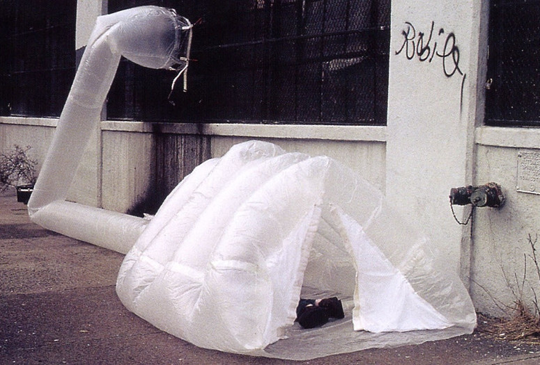 Michael Rakowitz. paraSITE homeless shelter. 1997. Polyethylene, 42&#34; x 36&#34; x 11&#39; (107 x 91.5 x 335 cm). The Museum of Modern Art, New York. Gift of Michael Rakowitz and Lombard-Freid Projects