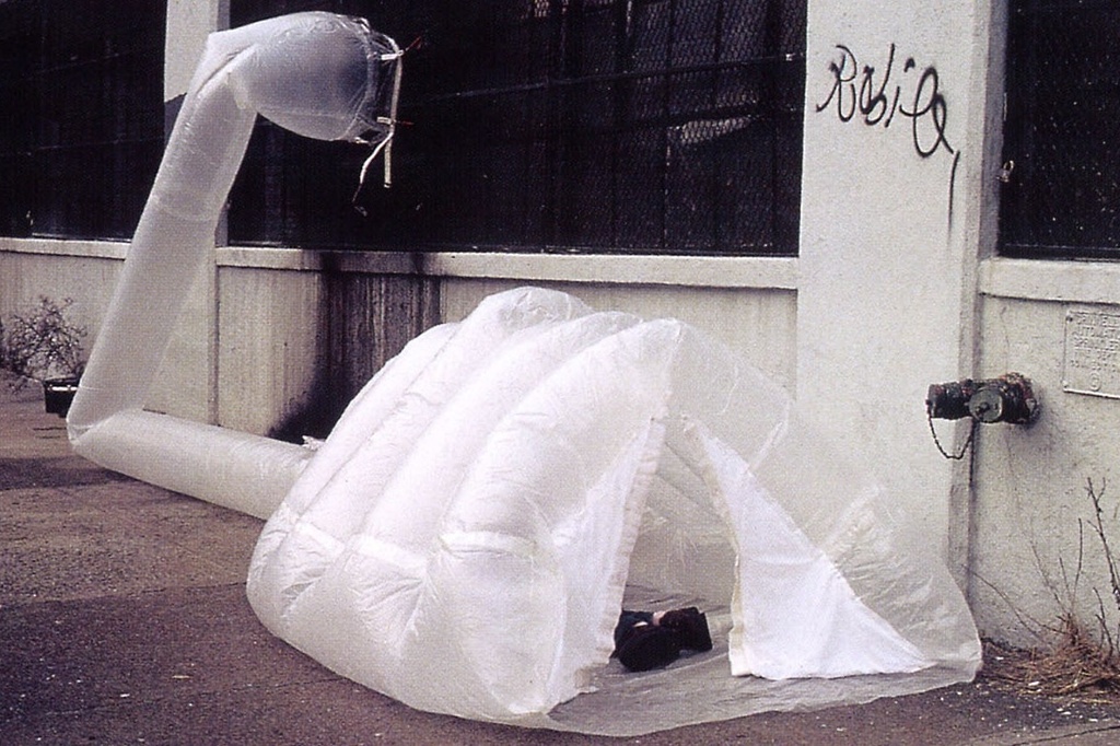 Michael Rakowitz. paraSITE homeless shelter. 1997. Polyethylene, 42" x 36" x 11' (107 x 91.5 x 335 cm). The Museum of Modern Art, New York. Gift of Michael Rakowitz and Lombard-Freid Projects