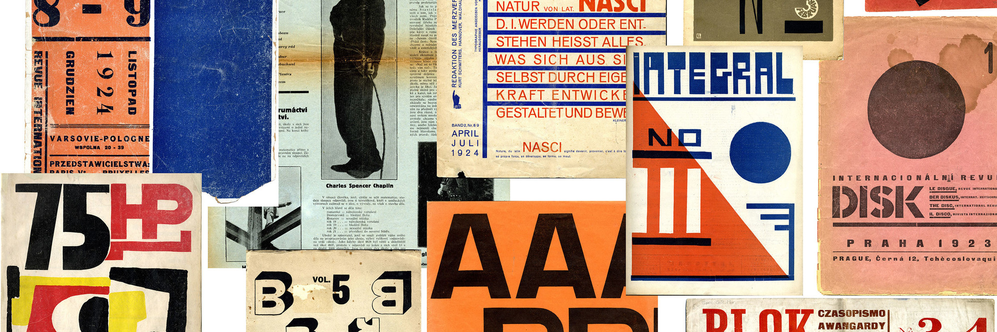 Clockwise, from top left: Blok (Warsaw, 1924); Pasmo (Brno, 1925); Merz (Hannover, 1924); Broom (Berlin, 1923); Veshch/Gegenstand/Objet (Berlin, 1922); Integral (Bucharest, 1925); Disk (Prague, 1923); Blok (Warsaw, 1924); ABC: Beiträge zum Bauen (Basel, 1926); Broom (Berlin, 1923); MA (Vienna, 1924); 75HP (Bucharest, 1924). The Museum of Modern Art Library