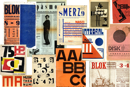 Clockwise, from top left: Blok (Warsaw, 1924); Pasmo (Brno, 1925); Merz (Hannover, 1924); Broom (Berlin, 1923); Veshch/Gegenstand/Objet (Berlin, 1922); Integral (Bucharest, 1925); Disk (Prague, 1923); Blok (Warsaw, 1924); ABC: Beiträge zum Bauen (Basel, 1926); Broom (Berlin, 1923); MA (Vienna, 1924); 75HP (Bucharest, 1924). The Museum of Modern Art Library