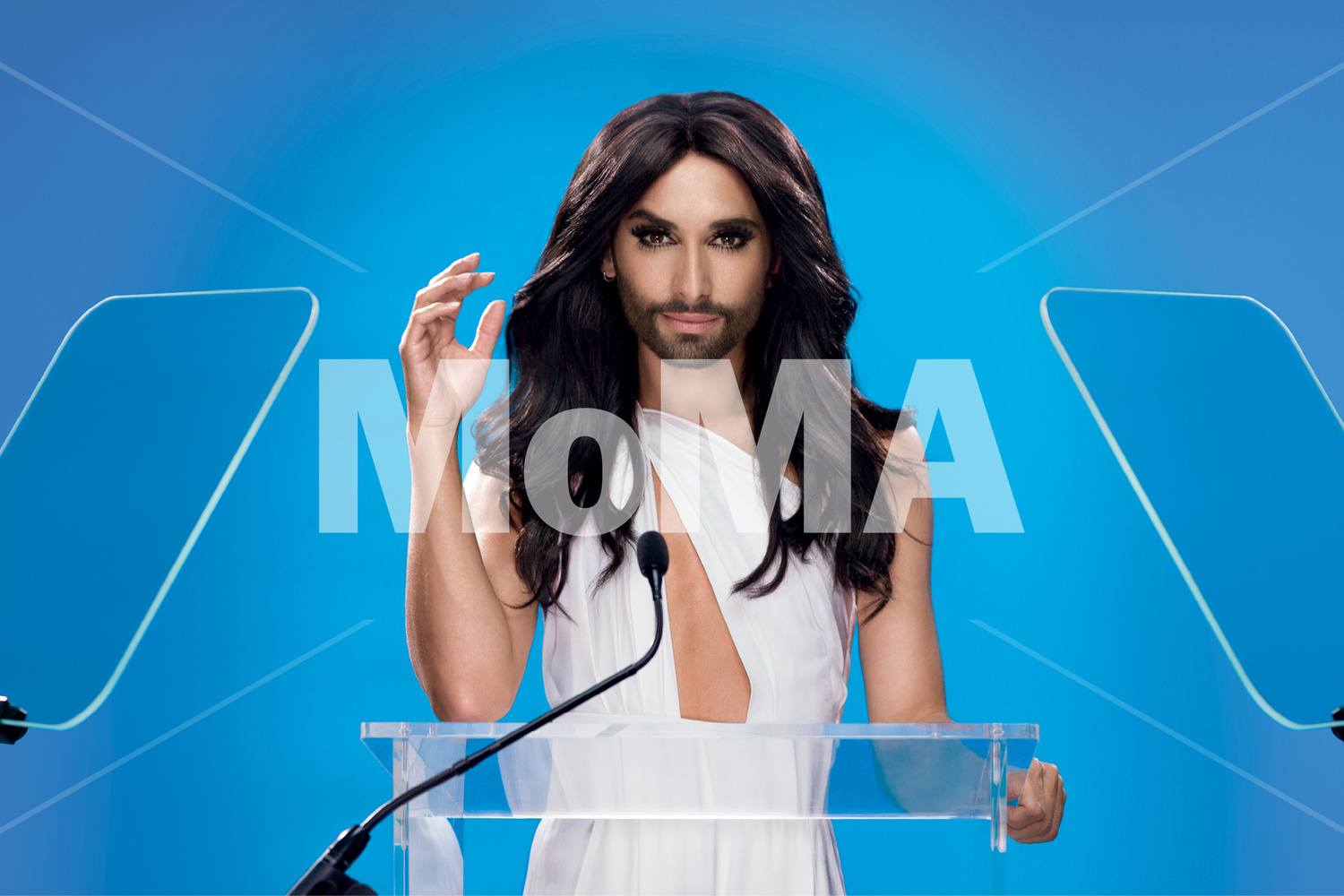 DIS. Positive Ambiguity (beard, lectern, teleprompter, wind machine, confidence). 2015. Commissioned by The Museum of Modern Art