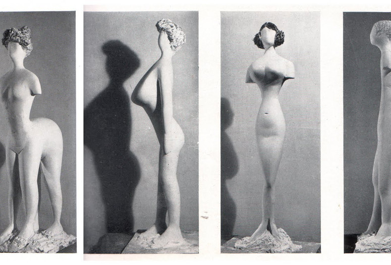 Plaster figures designed by Bernard Rudofsky and modeled by Constantin Nivola, showing a woman’s body as it would have appeared had it fitted into the clothes of four fashion periods. In the exhibition Are Clothes Modern? The Museum of Modern Art, November 28, 1944–March 4, 1945. New York. The Museum of Modern Art Archives, Photographic Archive. Photo: Soichi Sunami