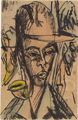 Ernst Ludwig Kirchner. Self-Portrait with Pipe (Selbstbildnis mit Pfeife). (1914). Ink, crayon, watercolor, and gouache on paper, 5 1/2 × 3 5/8&#34; (14 × 9.2 cm). Gift of Jo Carole and Ronald S. Lauder