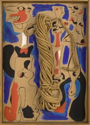 Joan Miró. Rope and People, I. 1935. Oil on cardboard mounted on wood, with coil of rope. 41 1/4 × 29 3/8″ (104.8 × 74.6 cm). Gift of the Pierre Matisse Gallery. © 2016 Successió Miró / Artists Rights Society (ARS), New York / ADAGP, Paris