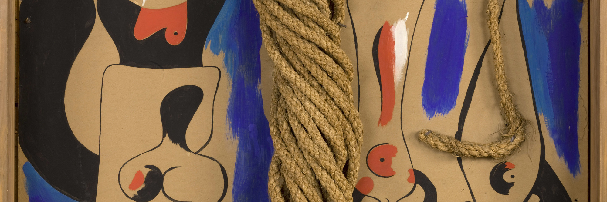 Joan Miró. Rope and People, I. 1935. Oil on cardboard mounted on wood, with coil of rope. 41 1/4 × 29 3/8″ (104.8 × 74.6 cm). Gift of the Pierre Matisse Gallery. © 2016 Successió Miró / Artists Rights Society (ARS), New York / ADAGP, Paris