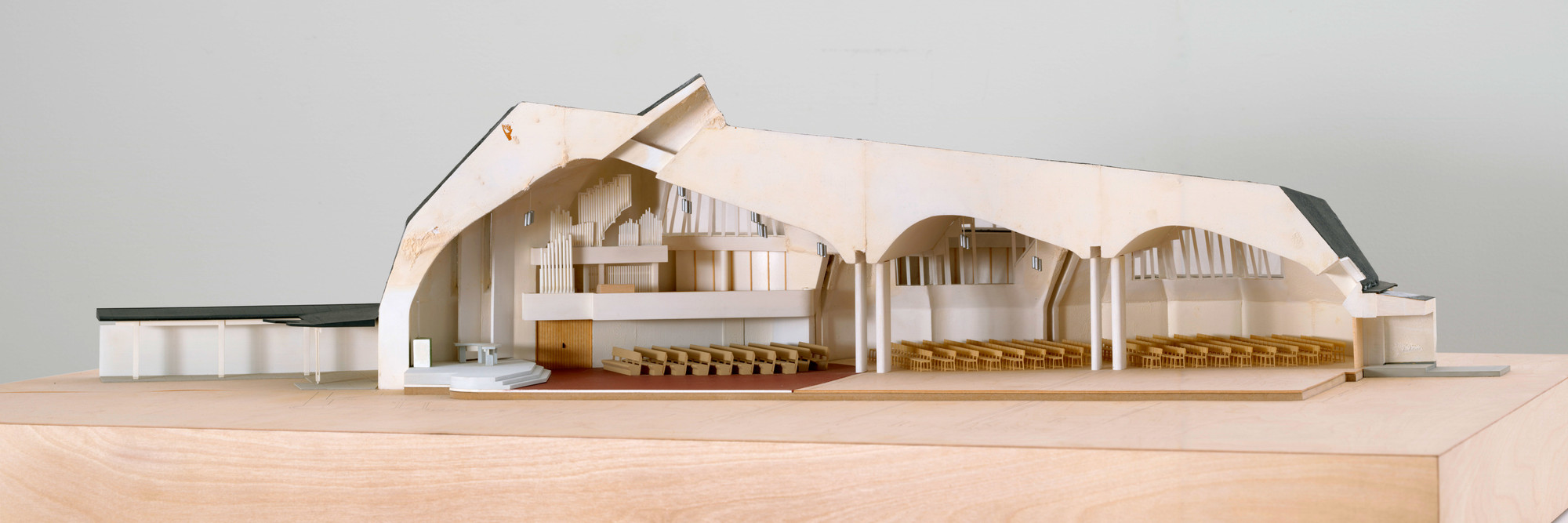 Alvar Aalto. Church of the Three Crosses, Vuoksenniska, Imatra, Finland, 1955–58. Plastic, cardboard, and synthetic polymer paint, 15 × 30 × 54″ (38.1 × 76.2 × 137.1 cm). Model Makers: Richard Sturgeon, Derek Conde. Purchase