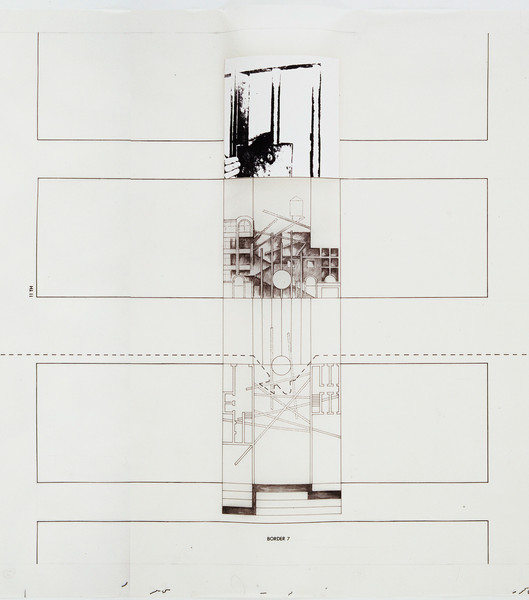 Bernard Tschumi. The Manhattan Transcripts, Episode 2: The Street (Border Crossing) (detail). 1978. Ink, charcoal, graphite, cut-and-pasted photographic reproductions, Letraset type, and color pencil on tracing paper, 24″ × 32′ 2″ (61 × 980.4 cm). The Museum of Modern Art, New York. Purchase and partial gift of the architect in honor of Lily Auchincloss
