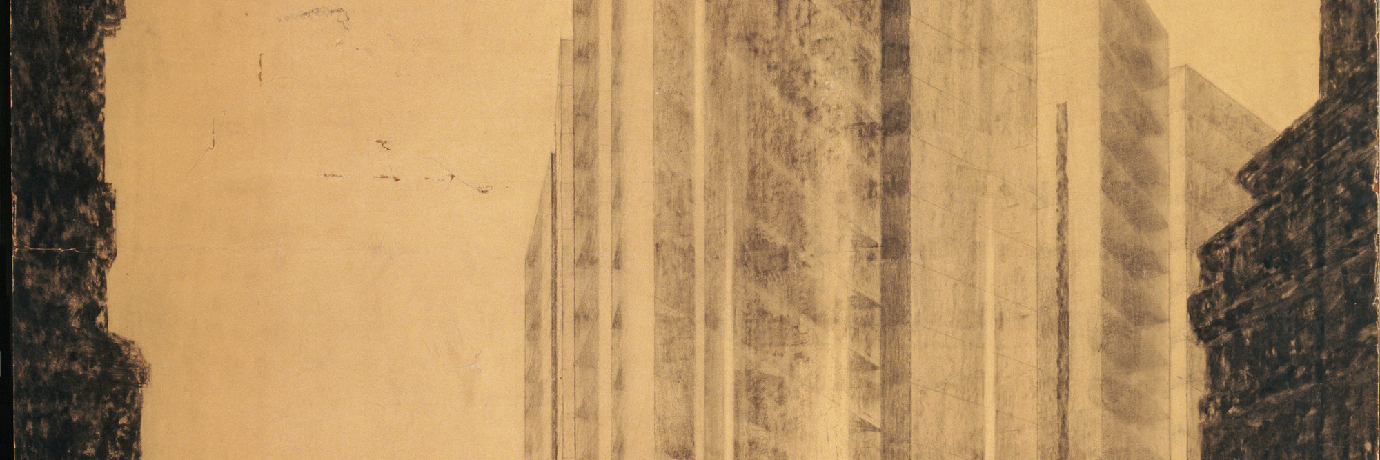 Ludwig Mies van der Rohe. Friedrichstrasse Skyscraper Project, Berlin-Mitte, Germany (Exterior perspective from north). 1921. Charcoal and graphite on paper mounted on board, 68 1/4 × 48″ (173.4 × 121.9 cm). Mies van der Rohe Archive, gift of the architect. © 2016 Artists Rights Society (ARS), New York / VG Bild-Kunst, Bonn