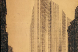 Ludwig Mies van der Rohe. Friedrichstrasse Skyscraper Project, Berlin-Mitte, Germany (Exterior perspective from north). 1921. Charcoal and graphite on paper mounted on board, 68 1/4 × 48″ (173.4 × 121.9 cm). Mies van der Rohe Archive, gift of the architect. © 2016 Artists Rights Society (ARS), New York / VG Bild-Kunst, Bonn