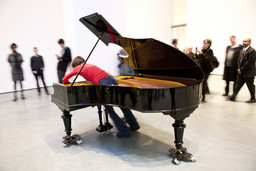 Jennifer Allora and Guillermo Calzadilla. Stop, Repair, Prepare: Variations on “Ode to Joy” for a Prepared Piano. 2008. Prepared Bechstein piano, pianist (Terezija Cukrov shown). Piano: 40 x 67 x 84&#34; (101.6 x 170.2 x 213.4 cm). The Museum of Modern Art. Gift of the Julia Stoschek Foundation, Düsseldorf. © 2011 Yi-Chun Wu/The Museum of Modern Art