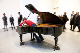 Jennifer Allora and Guillermo Calzadilla. Stop, Repair, Prepare: Variations on “Ode to Joy” for a Prepared Piano. 2008. Prepared Bechstein piano, pianist (Terezija Cukrov shown). Piano: 40 x 67 x 84&#34; (101.6 x 170.2 x 213.4 cm). The Museum of Modern Art. Gift of the Julia Stoschek Foundation, Düsseldorf. © 2011 Yi-Chun Wu/The Museum of Modern Art
