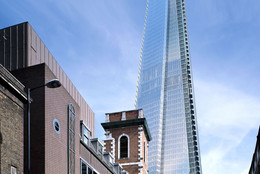 Renzo Piano | Renzo Piano Building Workshop, architect; Paul Nuttall | Ove Arup &amp; Partners, engineer. London Bridge Tower, London, England. View from the street (computer-generated image). Design 2000–03; projected completion 2009. 1,016 feet (310 meters) high