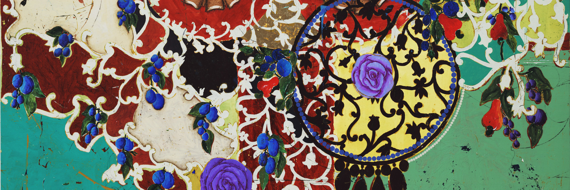 Beatriz Milhazes. Succulent Eggplants. 1996. Synthetic polymer on canvas, 74 3/4 × 96 1/2″ (189.9 × 245.1 cm). The Museum of Modern Art, New York. Gift of Agnes Gund and Nina and Gordon Bunshaft Bequest Fund. © 2003 Beatriz Milhazes