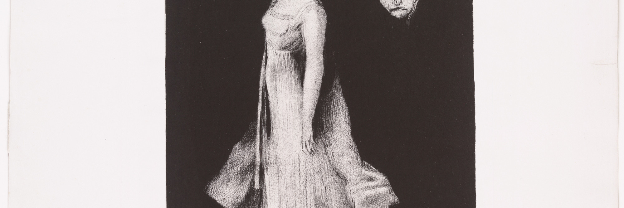 Odilon Redon. The Haunting. 1893, published 1894. Lithograph on chine appliqué. Composition: 14 5/16 × 8 15/16″ (36.3 × 22.7 cm), Sheet: 24 13/16 × 17 11/16″ (63 × 44.9 cm). Publisher: probably the artist, Paris. Printer: Léon Monrocq, Paris. Edition: 50. Gift of The Ian Woodner Family Collection