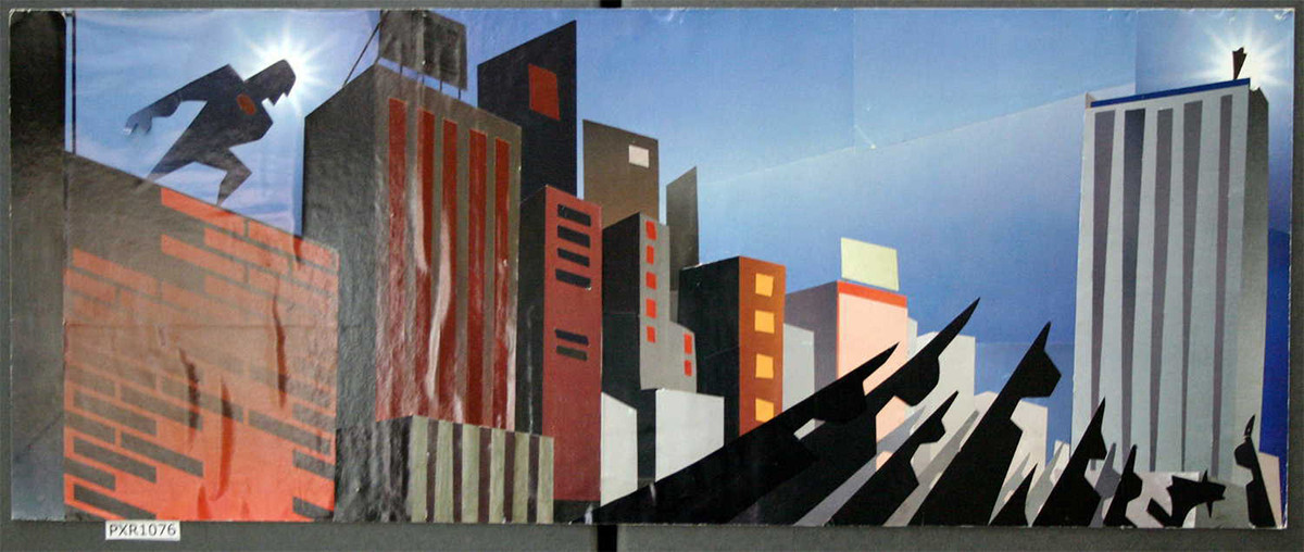 Teddy Newton. The Jumper (for The Incredibles). Collage, 10 1/2 × 25 3/4″ (26.7 × 65.4 cm). © Disney/Pixar