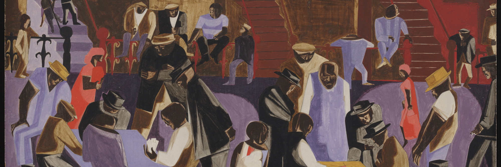 Jacob Lawrence. Street Shadows. 1959. Tempera on gesso on board, 24 × 29 7/8″ (61 × 75.9 cm). The Museum of Modern Art, New York. Gift of Ellen Kern in memory of her parents, Lewis and Jewel Garlick. © Gwendolyn Knight Lawrence, courtesy the Jacob and Gwendolyn Lawrence Foundation