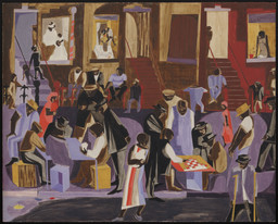 Jacob Lawrence. Street Shadows. 1959. Tempera on gesso on board, 24 × 29 7/8″ (61 × 75.9 cm). The Museum of Modern Art, New York. Gift of Ellen Kern in memory of her parents, Lewis and Jewel Garlick. © Gwendolyn Knight Lawrence, courtesy the Jacob and Gwendolyn Lawrence Foundation