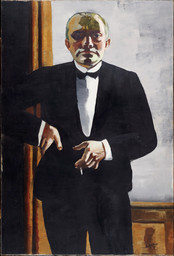 Max Beckmann. Self-Portrait in Tuxedo. 1927. Oil on canvas, 54 15/16″ × 37 5/8″ (139.5 × 95.5 cm). Courtesy of the Busch-Reisinger Museum, Harvard University Art Museums, Association Fund. Photo: Kallsen, Katya. © President and Fellows of Harvard College. © 2003 Artists Rights Society (ARS), New York/VG Bild-Kunst, Bonn