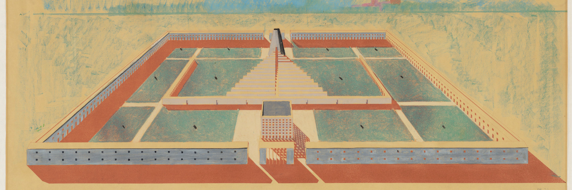 Aldo Rossi and Gianni Braghieri. Cemetery of San Cataldo Modena, Italy. Aerial perspective, 1971. Ink and graphite on tracing paper, 29 7/8 × 56 1/8″ (75.9 × 142.6 cm) (frame). The Museum of Modern Art, New York. Gift of the Howard Gilman Foundation