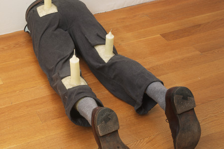 Robert Gober. Untitled. 1991. Wax, fabric, leather, human hair, and wood, 13 1/4 × 16 1/2 × 46 1/8″ (33.6 × 41.9 × 117.2 cm). Gift of Werner and Elaine Dannheisser. © 2003 Robert Gober
