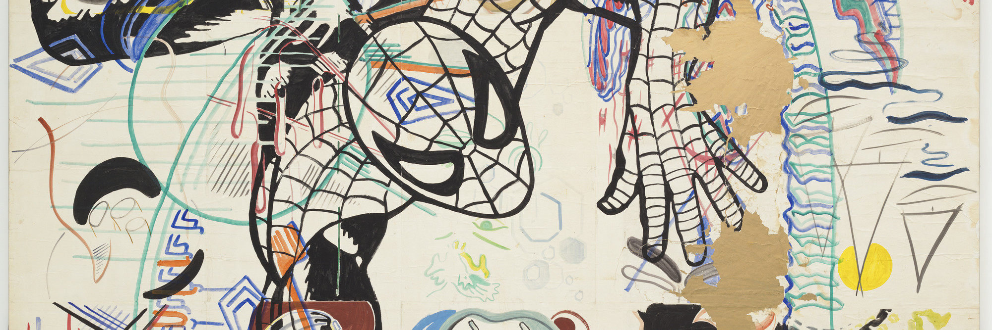 Sigmar Polke. Spiderman 1971–74. Cut-and-pasted painted papers on canvas, 9′ 3 1/4″ × 10′ 3″ (282.6 × 213.4 cm). Purchased with funds given by Leon D. Black, Marie-Josée and Henry R. Kravis, Jo Carole and Ronald S. Lauder, and the Richard E. Salomon Family. © 2016 Estate of Sigmar Polke / Artists Rights Society (ARS), New York / VG Bild-Kunst, Bonn, Germany