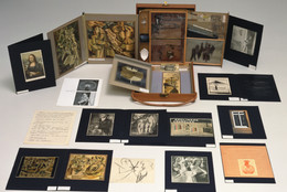 Marcel Duchamp. Box in a Valise (From or by Marcel Duchamp or Rrose Sélavy). 1935–41. Leather valise containing miniature replicas, photographs, color reproductions of works by Duchamp, and one “original” drawing [Large Glass, collotype on celluloid, 7 1/2 × 9 1/2″ (19 × 23.5 cm)]; 16 × 15 × 4″ (40.7 × 38.1 × 10.2 cm). James Thrall Soby Fund. © 2016 Artists Rights Society (ARS), New York / ADAGP, Paris / Estate of Marcel Duchamp