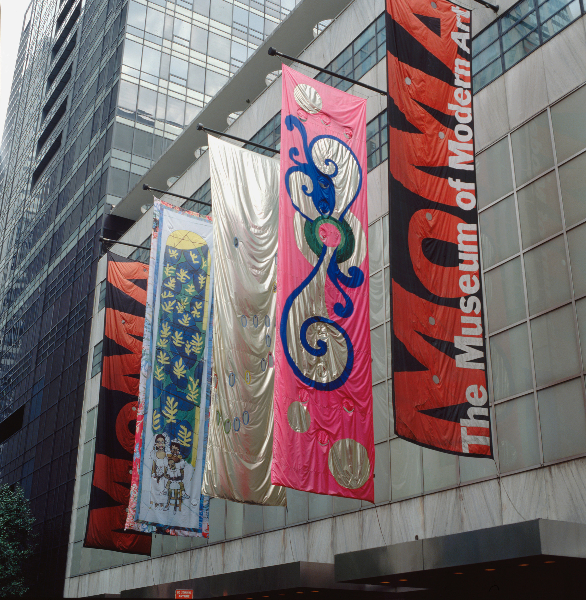 Installation view of Projects 70: Jim Hodges, Beatriz Milhazes, Faith Ringgold (Banners, Series 2) at The Museum of Modern Art, New York