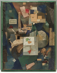 Kurt Schwitters. Merz Picture 32A. Cherry Picture (Merzbild 32A. Kas Kirschbild). 1921. Cut-and-pasted colored and printed papers, cloth, wood, metal, cork, oil, gouache, pencil, and ink on cardboard, 36 1/8 × 27 3/4″ (91.8 × 70.5 cm). The Museum of Modern Art, New York. Mr. and Mrs. A. Atwater Kent, Jr. Fund