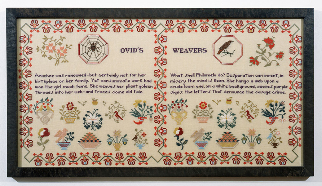 Elaine Reichek. Sampler (Ovid’s Weavers). 1996. Embroidery on linen, 19 ¼ × 35″ (48.9 × 88.9 cm). Collection Melva Bucksbaum, Aspen. Part of the installation When This You See… (1996–1999)