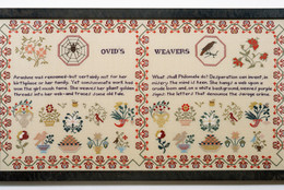 Elaine Reichek. Sampler (Ovid’s Weavers). 1996. Embroidery on linen, 19 1/4 × 35″ (48.9 × 88.9 cm). Collection Melva Bucksbaum, Aspen. Part of the installation When This You See… (1996–1999)