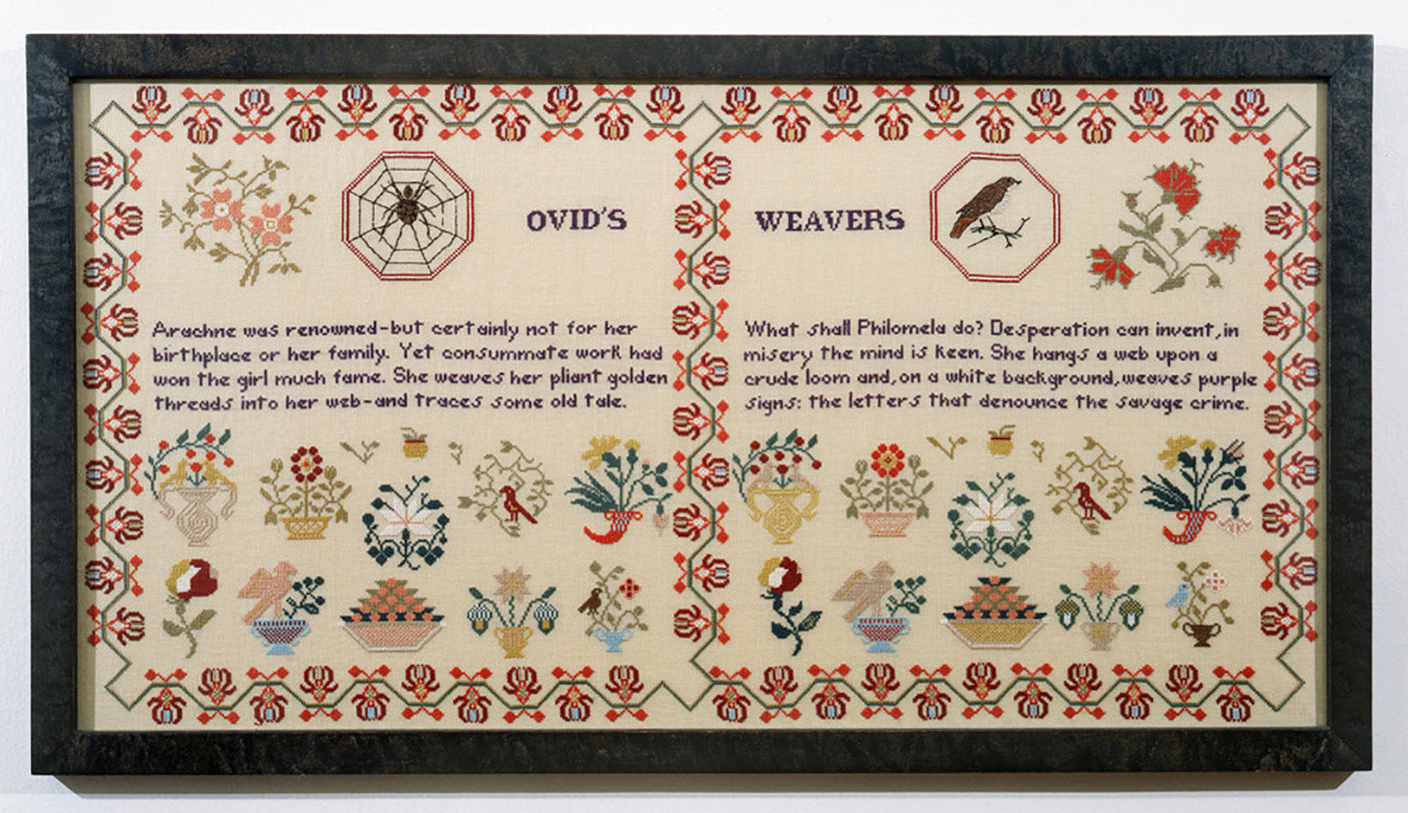 Elaine Reichek. Sampler (Ovid’s Weavers). 1996. Embroidery on linen, 19 1⁄4 × 35″ (48.9 × 88.9 cm). Collection Melva Bucksbaum, Aspen. Part of the installation When This You See… (1996–1999)