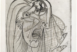 Pablo Picasso. The Weeping Woman, I (La Femme qui pleure, I), State III. July 1, 1937. Drypoint, aquatint, etching, and scraper; plate: 27 1/8 × 19 1/2″ (68.9 × 49.5 cm); sheet: 30 5/16 × 22 5/16″ (77 × 56.7 cm). Publisher: the artist, Paris. Printer: Lacourière, Paris. Edition: 15. Acquired through the generosity of the Katsko Suzuki Memorial Fund, the Riva Castleman Endowment Fund, David Rockefeller, The Philip and Lynn Straus Foundation Fund, and Agnes Gund and Daniel Shapiro; Linda and Bill Goldstein, Mr. and Mrs. Herbert D. Schimmel, the Edward John Noble Foundation, and the Associates of the Department of Prints and Illustrated Books; The Cowles Charitable Trust, Nelson Blitz, Jr. with Catherine Woodard and Perri and Allison Blitz, Mary Ellen Meehan, and Anna Marie and Robert F. Shapiro; and Ruth and Louis Aledort, Carol and Bert Freidus, David S. Orentreich, M.D., and Susan and Peter Ralston. © 2016 Estate of Pablo Picasso / Artists Rights Society (ARS), New York