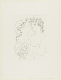 Pablo Picasso. Young Sculptor Finishing a Plaster (Jeune sculpteur finissant un plâtre). March 23, 1933, printed 1939. Etching; plate: 10 1/2 × 7 5/8ʺ (26.7 × 19.4 cm); sheet: 17 9/16 × 13 1/2ʺ (44.6 × 34.3 cm). Abby Aldrich Rockefeller Fund. © 2016 Estate of Pablo Picasso / Artists Rights Society (ARS), New York. Photo: Jonathan Muzikar