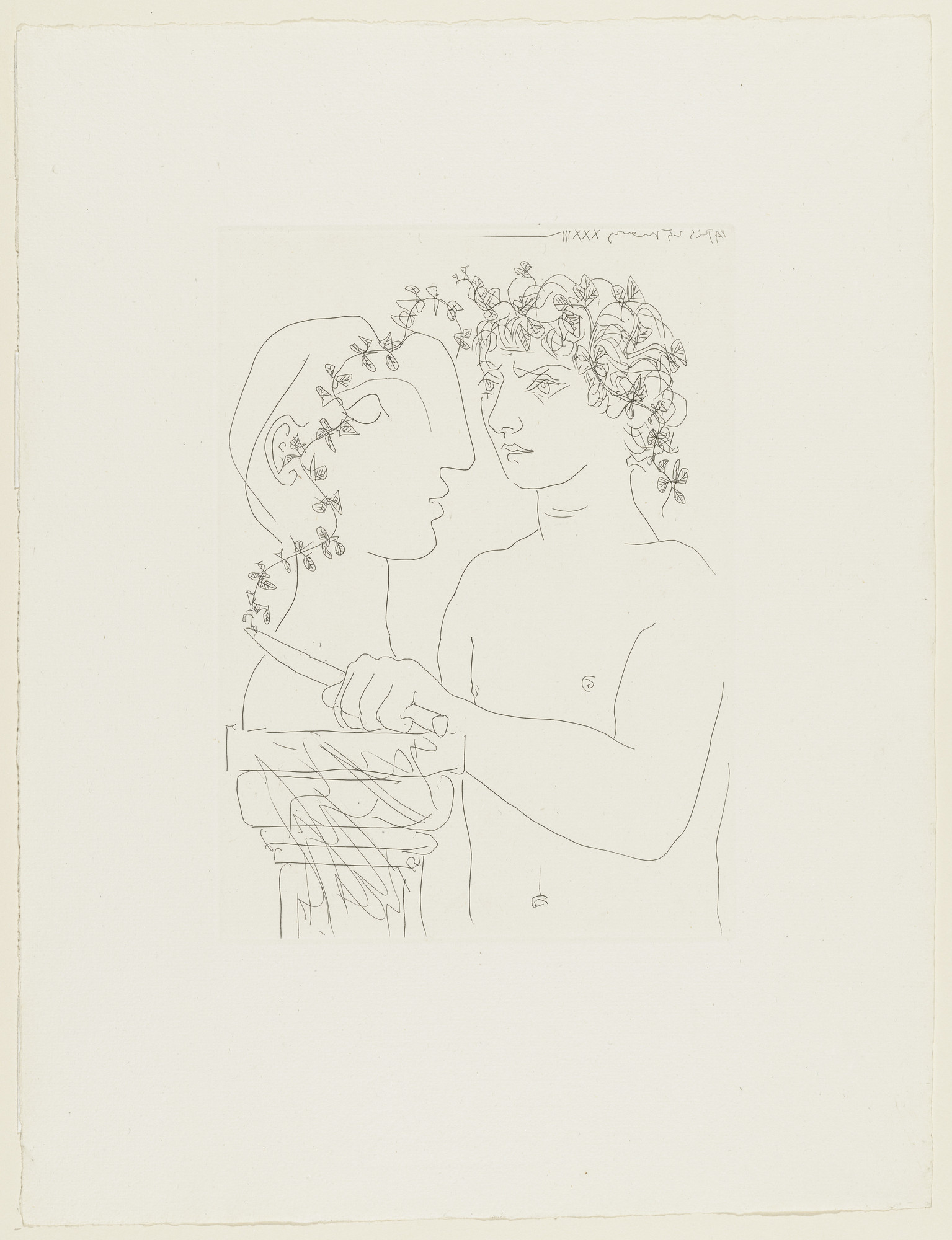 Pablo Picasso. Young Sculptor Finishing a Plaster (Jeune sculpteur finissant un plâtre). March 23, 1933, printed 1939. Etching; plate: 10 1⁄2 × 7 5/8ʺ (26.7 × 19.4 cm); sheet: 17 9⁄16 × 13 1/2ʺ (44.6 × 34.3 cm). Abby Aldrich Rockefeller Fund. © 2016 Estate of Pablo Picasso / Artists Rights Society (ARS), New York. Photo: Jonathan Muzikar