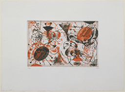 Joan Miró. Plate 8 from Black and Red Series (Série noire et rouge). 1938. Etching, 6 5/8 × 10 1/8ʺ (16.8 × 26.8 cm). Purchased with the Frances Keech Fund and funds given by Agnes Gund and Daniel Shapiro, Gilbert Kaplan, Jeanne C. Thayer, Reba and Dave Williams, Ann and Lee Fensterstock, Linda Barth Goldstein, Walter Bareiss, Mrs. Melville Wakeman Hall, Emily Rauh Pulitzer, and Mr. and Mrs. Herbert D. Schimmel. © 2016 Successió Miró / Artists Rights Society (ARS), New York / ADAGP, Paris