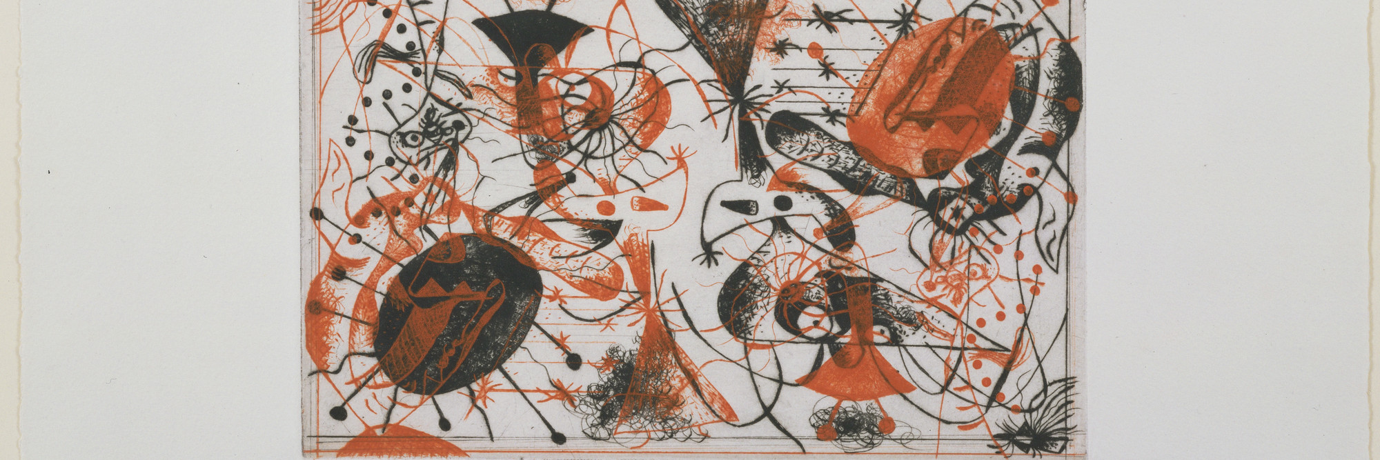 Joan Miró. Plate 8 from Black and Red Series (Série noire et rouge). 1938. Etching, 6 5/8 × 10 1/8ʺ (16.8 × 26.8 cm). Purchased with the Frances Keech Fund and funds given by Agnes Gund and Daniel Shapiro, Gilbert Kaplan, Jeanne C. Thayer, Reba and Dave Williams, Ann and Lee Fensterstock, Linda Barth Goldstein, Walter Bareiss, Mrs. Melville Wakeman Hall, Emily Rauh Pulitzer, and Mr. and Mrs. Herbert D. Schimmel. © 2016 Successió Miró / Artists Rights Society (ARS), New York / ADAGP, Paris