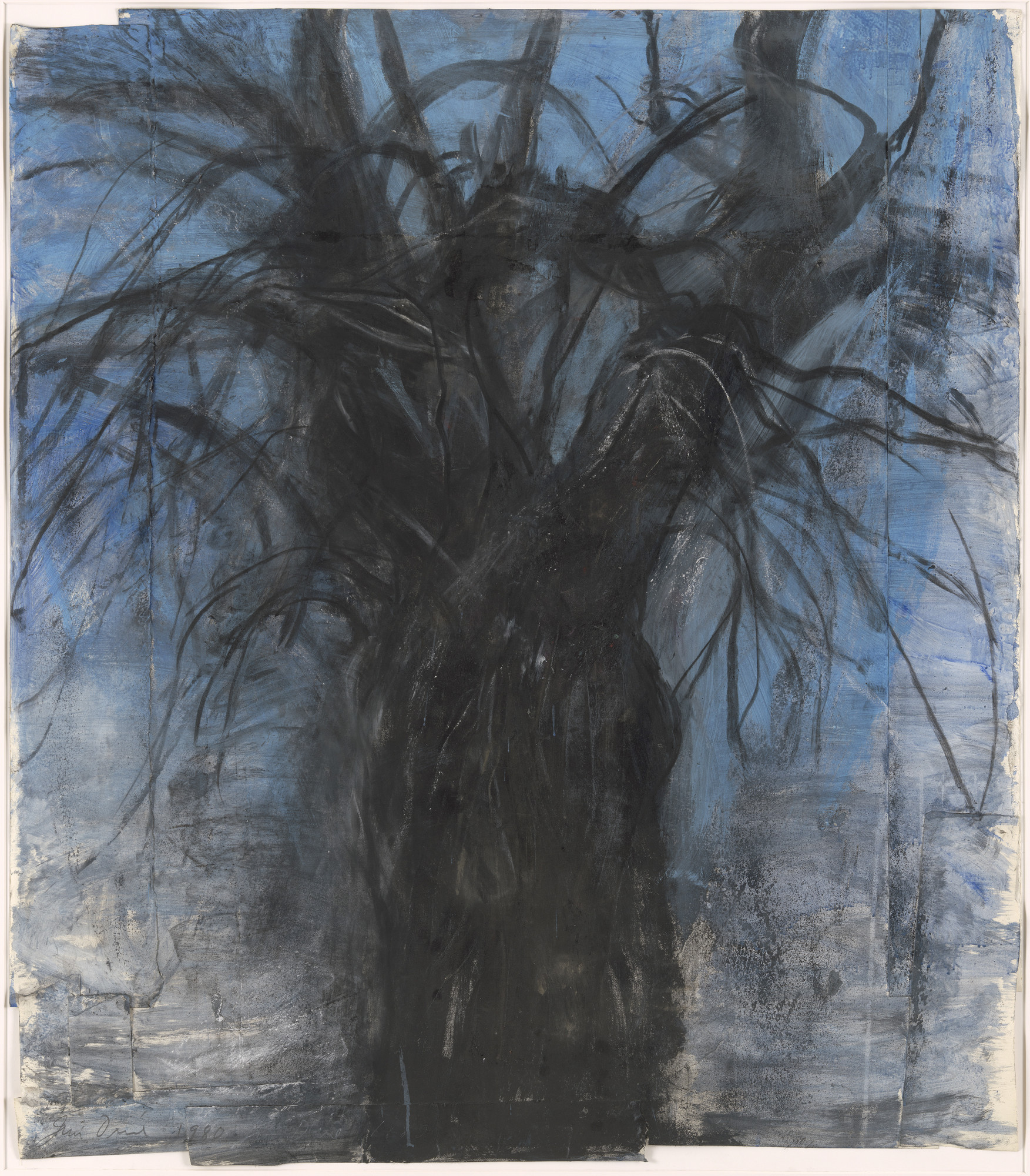 Jim Dine. A Tree that Shatters the Dancing. 1980. Synthetic polymer paint, synthetic polymer spray paint, charcoal and pastel on cut-and-pasted paper. 56 1⁄8 × 5 1/8ʺ (143.4 × 127.5 cm) (irreg). Gift of Nancy and Jim Dine in memory of Myron Orlofsky. © 2016 Jim Dine / Artists Rights Society (ARS), New York. Photo: Jonathan Muzikar