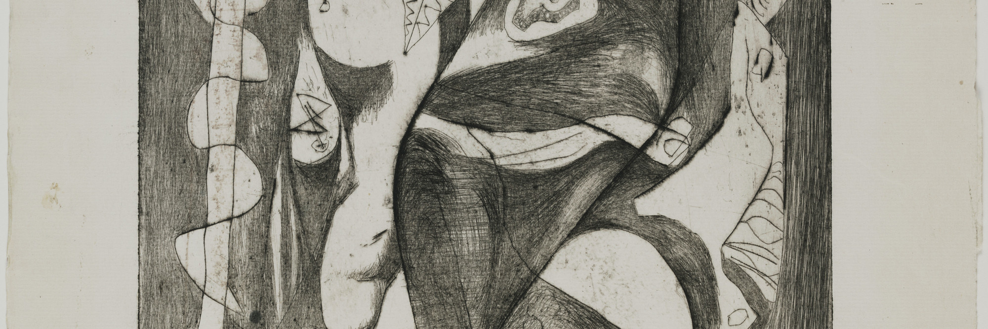 Jackson Pollock. Untitled (8), state I of II. 1944–1945. Engraving and drypoint, plate: 11 13/16 × 9ʺ (30 × 22.8 cm); sheet: 18 13/16 × 12 1/4ʺ (47.8 × 31.1 cm). Publisher: unpublished. Printer: the artist at Atelier 17, New York. Edition: unique trial proof before the 1967 posthumous proofs. Gift of Lee Krasner Pollock. © 2016 Pollock-Krasner Foundation / Artists Rights Society (ARS), New York