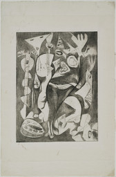 Jackson Pollock. Untitled (8), state I of II. 1944–1945. Engraving and drypoint, plate: 11 13/16 × 9ʺ (30 × 22.8 cm); sheet: 18 13/16 × 12 1/4ʺ (47.8 × 31.1 cm). Publisher: unpublished. Printer: the artist at Atelier 17, New York. Edition: unique trial proof before the 1967 posthumous proofs. Gift of Lee Krasner Pollock. © 2016 Pollock-Krasner Foundation / Artists Rights Society (ARS), New York