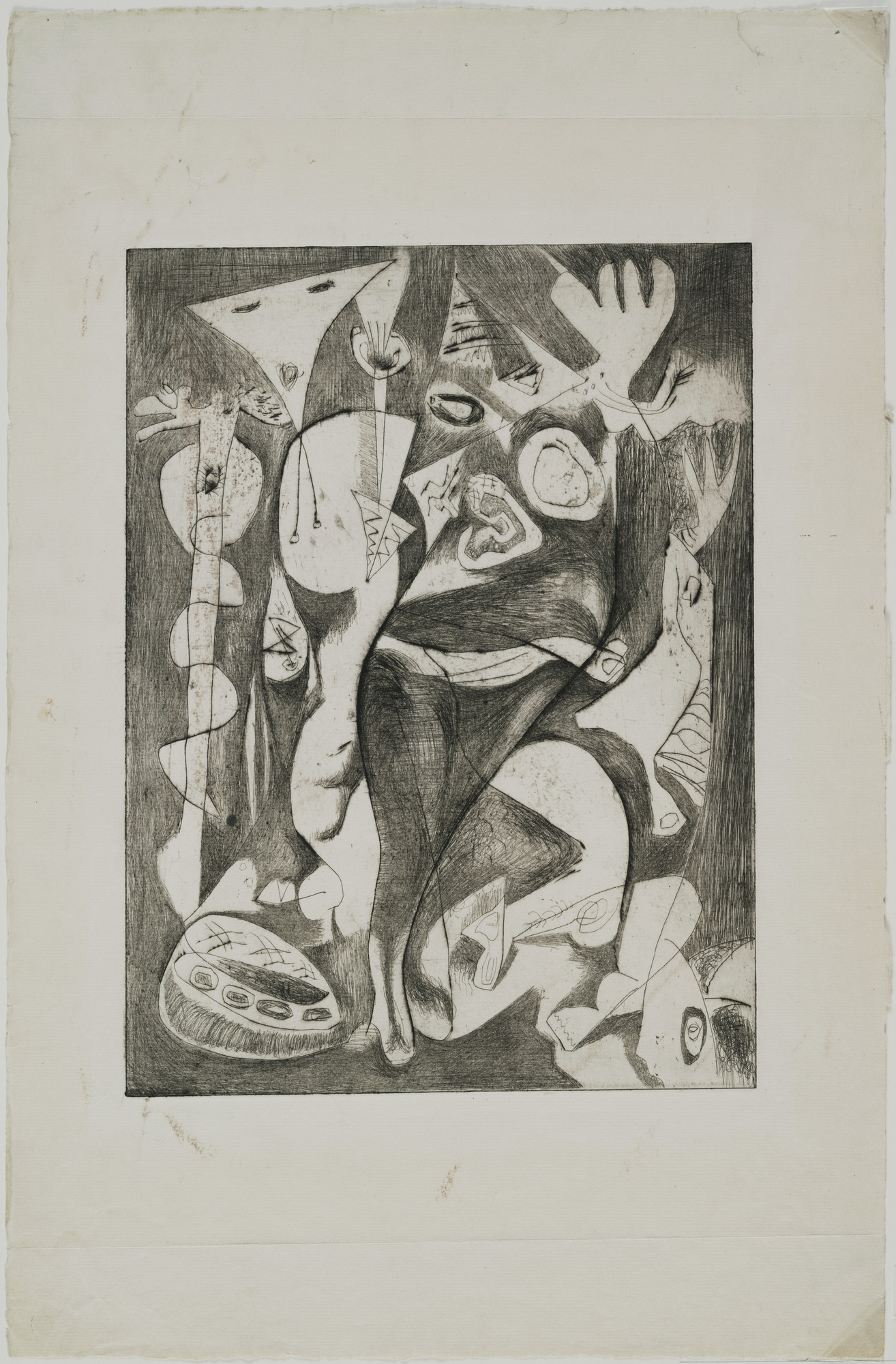 Jackson Pollock. Untitled (8), state I of II. 1944–1945. Engraving and drypoint, plate: 11 13⁄16 × 9ʺ (30 × 22.8 cm); sheet: 18 13⁄16 × 12 1/4ʺ (47.8 × 31.1 cm). Publisher: unpublished. Printer: the artist at Atelier 17, New York. Edition: unique trial proof before the 1967 posthumous proofs. Gift of Lee Krasner Pollock. © 2016 Pollock-Krasner Foundation / Artists Rights Society (ARS), New York
