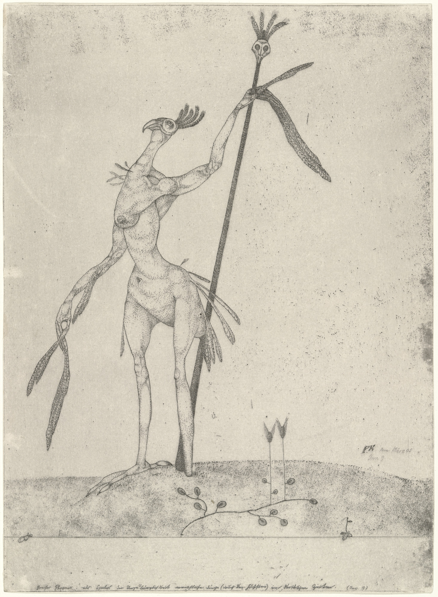 Paul Klee. Aged Phoenix (Greiser Phoenix) from the series Inventions (Inventionen). 1905. Etching, composition and sheet: 10 3⁄8 × 7 9/16″ (26.3 × 19.2 cm). Publisher: the artist, Bern. Printer: Max Girardet, Bern. Purchase. © 2016 Artists Rights Society (ARS), New York / VG Bild-Kunst, Bonn. Photo: Robert Gerhardt